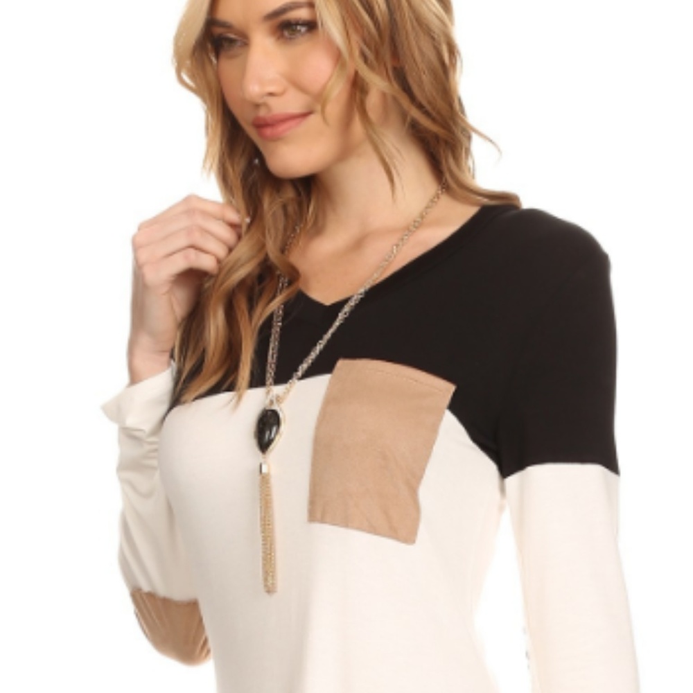 White and Black long sleeve with faux suede accent